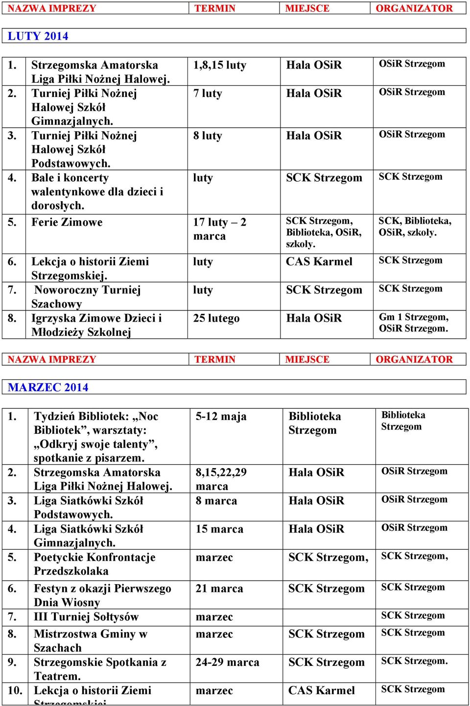 Ferie Zimowe 17 luty 2 SCK, SCK, Biblioteka, marca Biblioteka, OSiR, OSiR, szkoły. szkoły. 6. Lekcja o historii Ziemi skiej. 7. Noworoczny Turniej Szachowy 8.