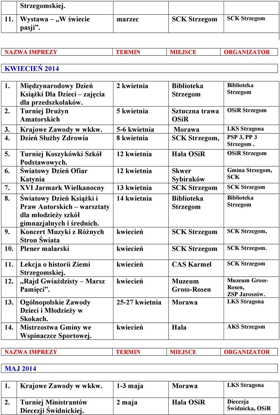 Światowy Dzień Ofiar 12 kwietnia Skwer Gmina, Katynia Sybiraków SCK 7. XVI Jarmark Wielkanocny 13 kwietnia SCK SCK 8.