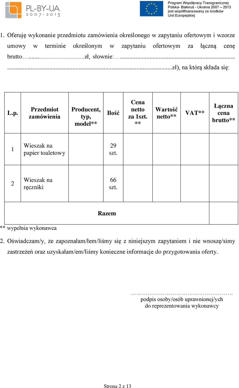 ** Wartość netto** VAT** Łączna cena brutto** 1 Wieszak na papier toaletowy 29 szt. 2 Wieszak na ręczniki 66 szt. Razem ** wypełnia wykonawca 2.