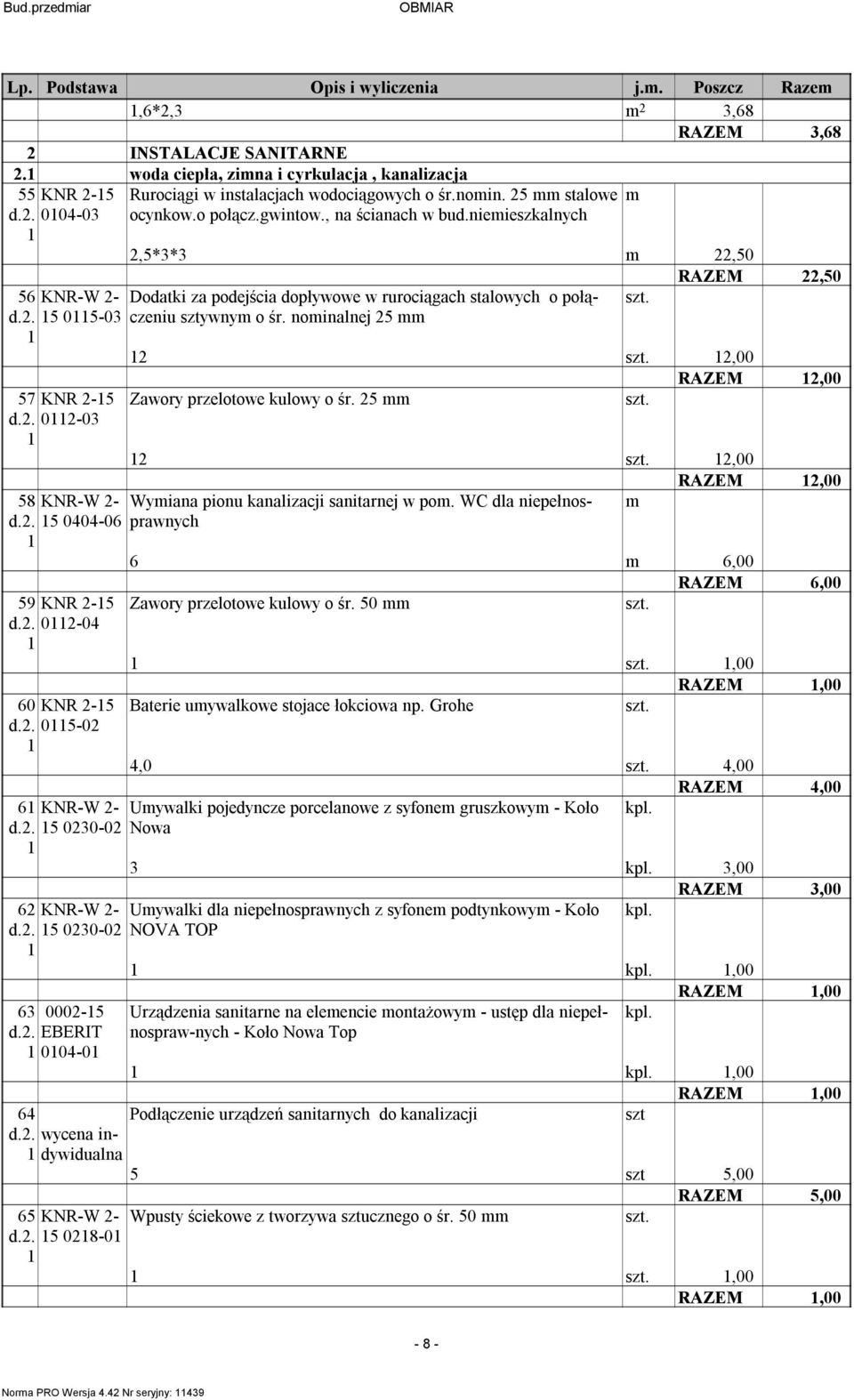 nieieszkalnych,5**,50 RAZEM,50 Dodatki za podejścia dopływowe w rurociągach stalowych o połączeniu ywny o śr. noinalnej 5,00 RAZEM,00 Zawory przelotowe kulowy o śr.