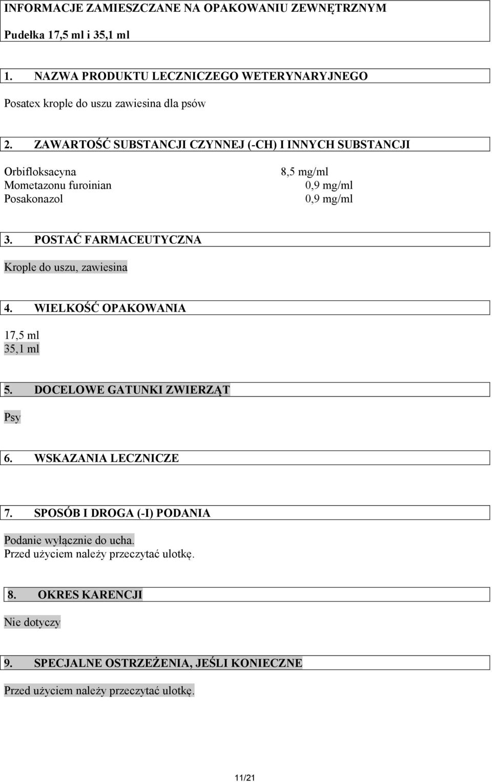 ZAWARTOŚĆ SUBSTANCJI CZYNNEJ (-CH) I INNYCH SUBSTANCJI Orbifloksacyna Mometazonu furoinian Posakonazol 8,5 mg/ml 3.