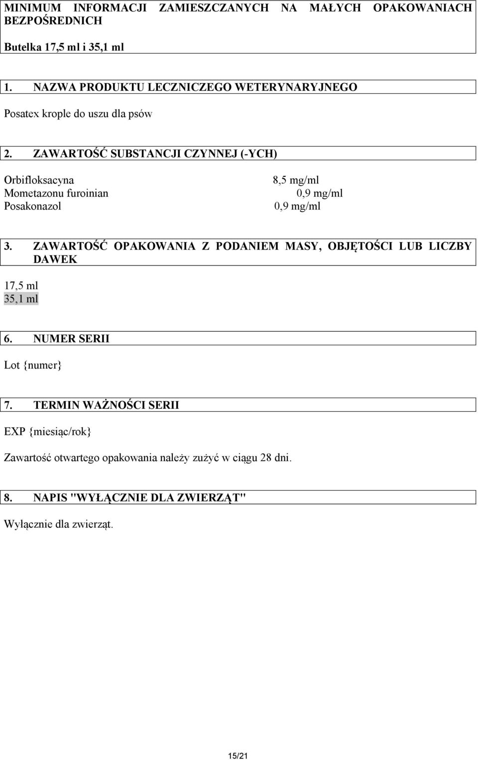 ZAWARTOŚĆ SUBSTANCJI CZYNNEJ (-YCH) Orbifloksacyna Mometazonu furoinian Posakonazol 8,5 mg/ml 3.