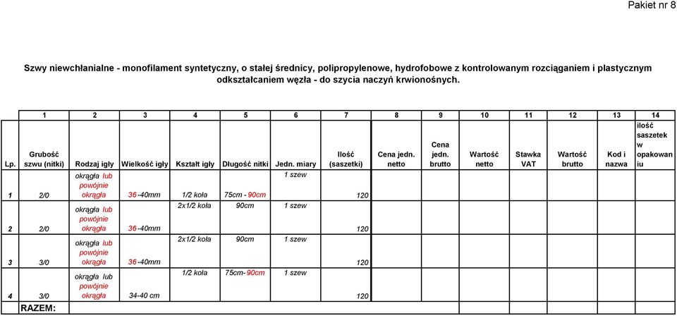 1 2/0 2 2/0 3 3/0 4 3/0 powójnie okrągła 36-40mm 1/2 koła 75cm - 90cm powójnie okrągła powójnie okrągła powójnie okrągła 36-40mm