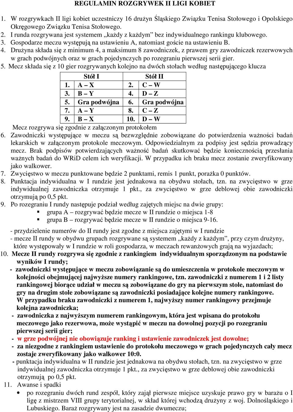 DruŜyna składa się z minimum 4, a maksimum 8 zawodniczek, z prawem gry zawodniczek rezerwowych w grach podwójnych oraz w grach pojedynczych po rozegraniu pierwszej serii gier. 5.