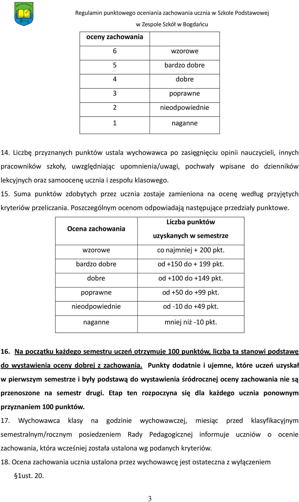 ucznia i zespołu klasowego. 15. Suma punktów zdobytych przez ucznia zostaje zamieniona na ocenę według przyjętych kryteriów przeliczania.