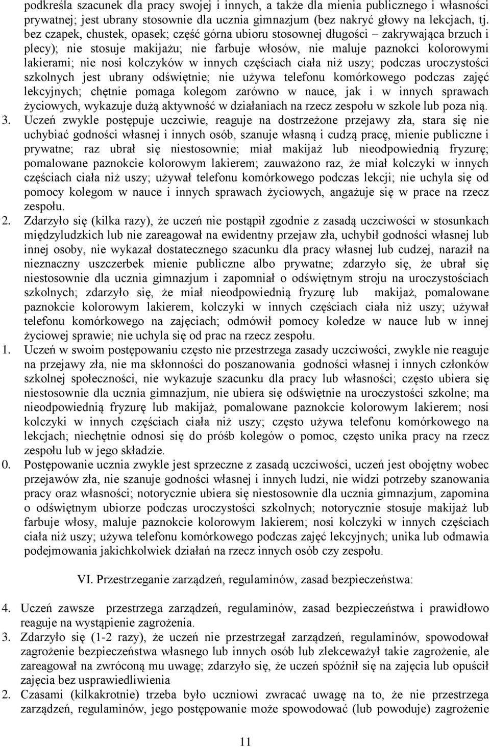 w innych częściach ciała niż uszy; podczas uroczystości szkolnych jest ubrany odświętnie; nie używa telefonu komórkowego podczas zajęć lekcyjnych; chętnie pomaga kolegom zarówno w nauce, jak i w