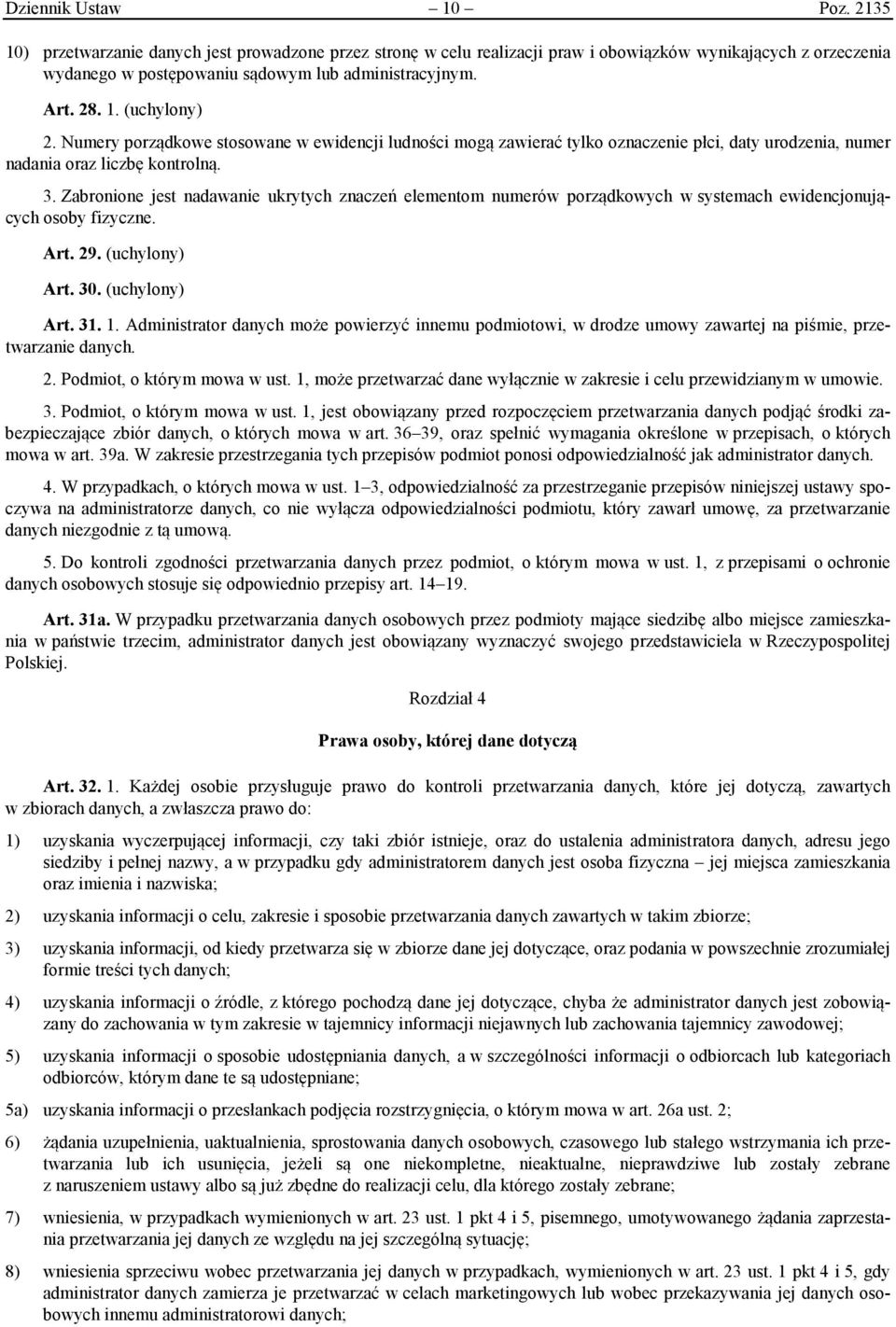 Zabronione jest nadawanie ukrytych znaczeń elementom numerów porządkowych w systemach ewidencjonujących osoby fizyczne. Art. 29. (uchylony) Art. 30. (uchylony) Art. 31. 1.