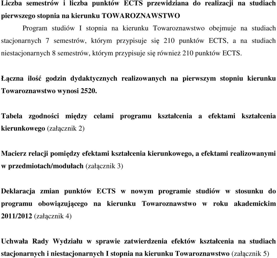 Łączna ilość godzin dydaktycznych realizowanych na pierwszym stopniu kierunku Towaroznawstwo wynosi 2520.