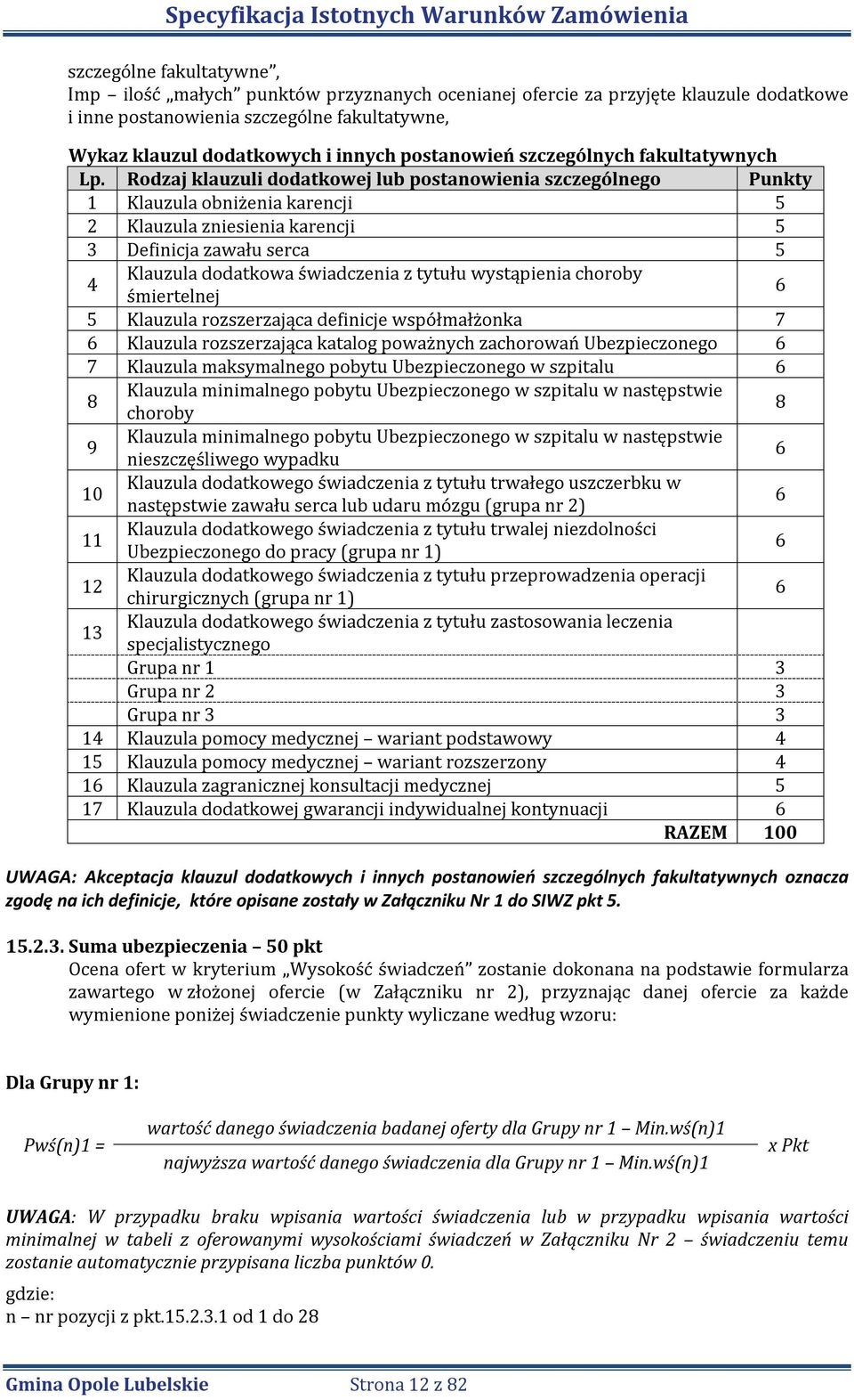 Rodzaj klauzuli dodatkowej lub postanowienia szczególnego Punkty 1 Klauzula obniżenia karencji 5 2 Klauzula zniesienia karencji 5 3 Definicja zawału serca 5 4 Klauzula dodatkowa świadczenia z tytułu