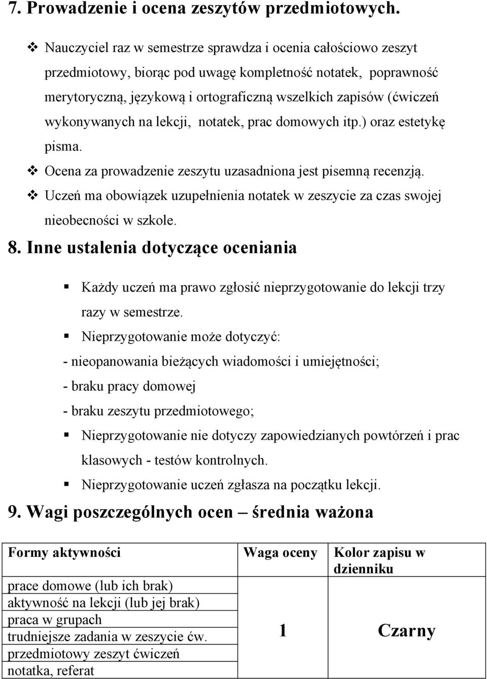 wykonywanych na lekcji, notatek, prac domowych itp.) oraz estetykę pisma. Ocena za prowadzenie zeszytu uzasadniona jest pisemną recenzją.