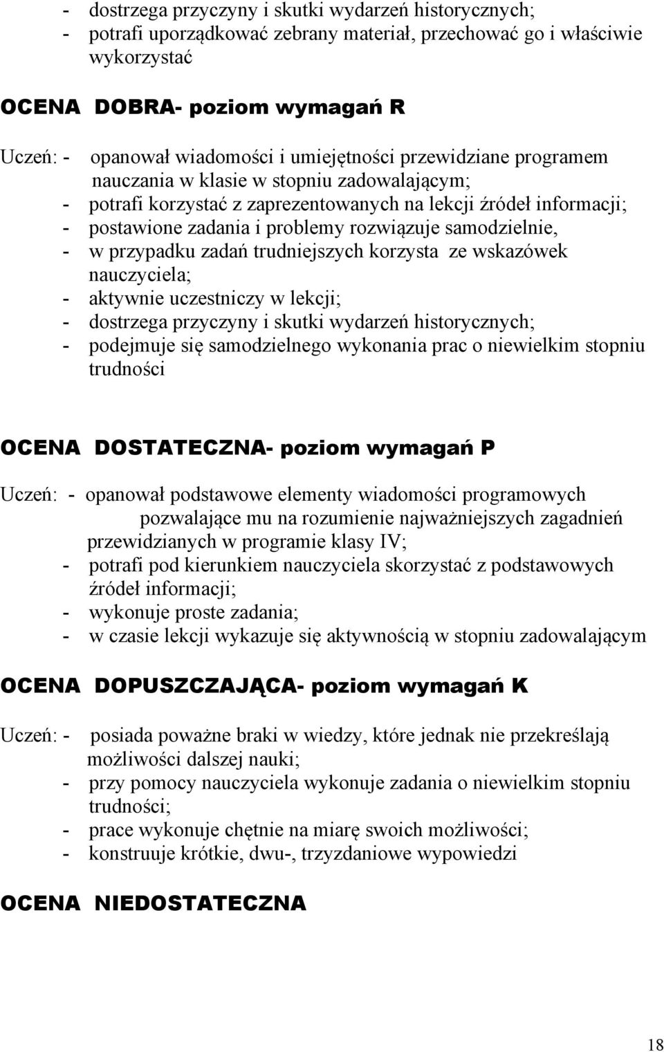 samodzielnie, - w przypadku zadań trudniejszych korzysta ze wskazówek nauczyciela; - aktywnie uczestniczy w lekcji; - dostrzega przyczyny i skutki wydarzeń historycznych; - podejmuje się