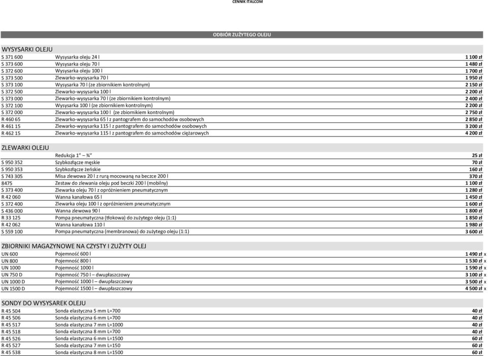 100 l (ze zbiornikiem kontrolnym) 2 200 zł S 372 000 Zlewarko-wysysarka 100 l (ze zbiornikiem kontrolnym) 2 750 zł R 460 65 Zlewarko-wysysarka 65 l z pantografem do samochodów osobowych 2 850 zł R