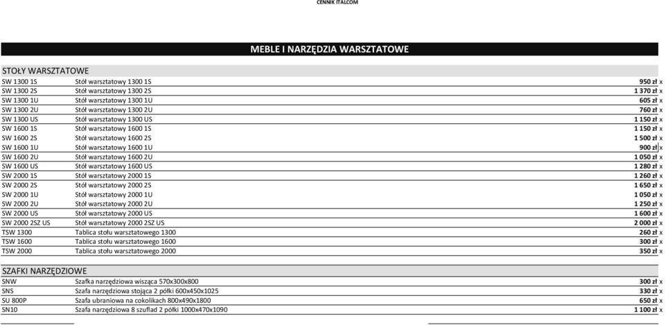 warsztatowy 1600 1U 900 zł x SW 1600 2U Stół warsztatowy 1600 2U 1 050 zł x SW 1600 US Stół warsztatowy 1600 US 1 280 zł x SW 2000 1S Stół warsztatowy 2000 1S 1 260 zł x SW 2000 2S Stół warsztatowy