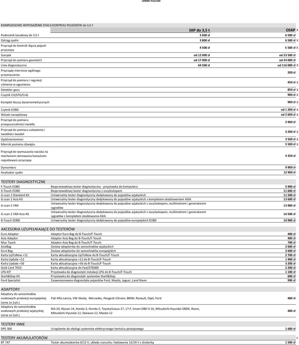 ogólnego przeznaczenia Przyrząd do pomiaru i regulacji ciśnienia w ogumieniu Detektor gazu Czujnik CO/LPG/CnG 200 zł 450 zł X 850 zł X 900 zł X Komplet kluczy dynamometrycznych Czytnik EOBD Wózek