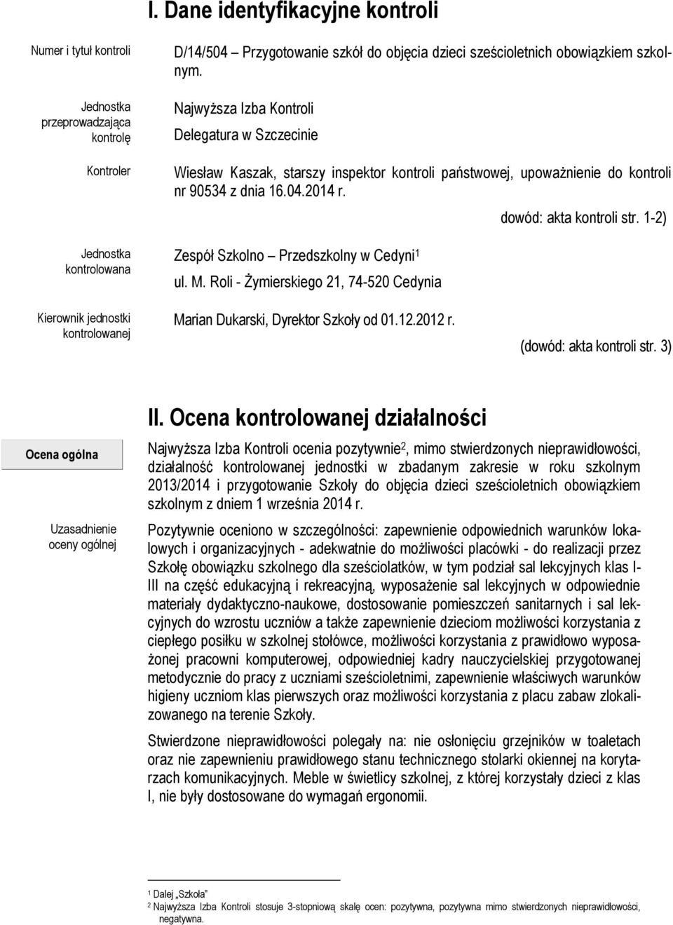 Zespół Szkolno Przedszkolny w Cedyni 1 ul. M. Roli - Żymierskiego 21, 74-520 Cedynia dowód: akta kontroli str. 1-2) Kierownik jednostki kontrolowanej Marian Dukarski, Dyrektor Szkoły od 01.12.2012 r.