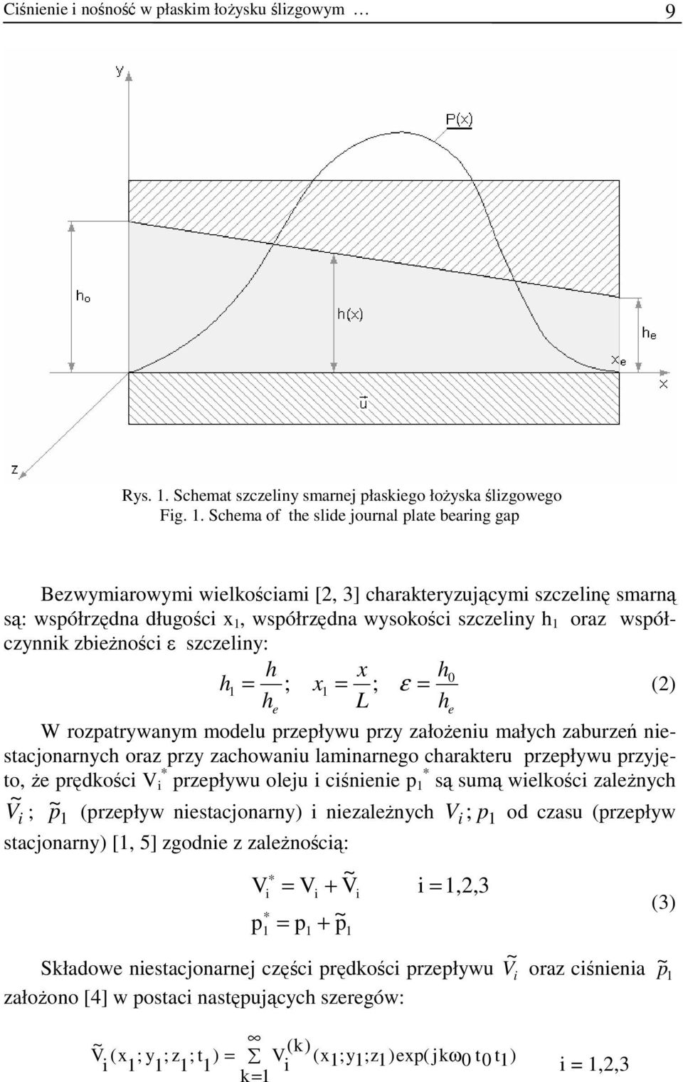 sceliny: ; ; ε () e e W roatrywanym modelu reływu ry ałożeniu małyc abureń niestacjonarnyc ora ry acowaniu laminarnego carateru reływu ryjęto, że rędości i reływu oleju i ciśnienie są sumą