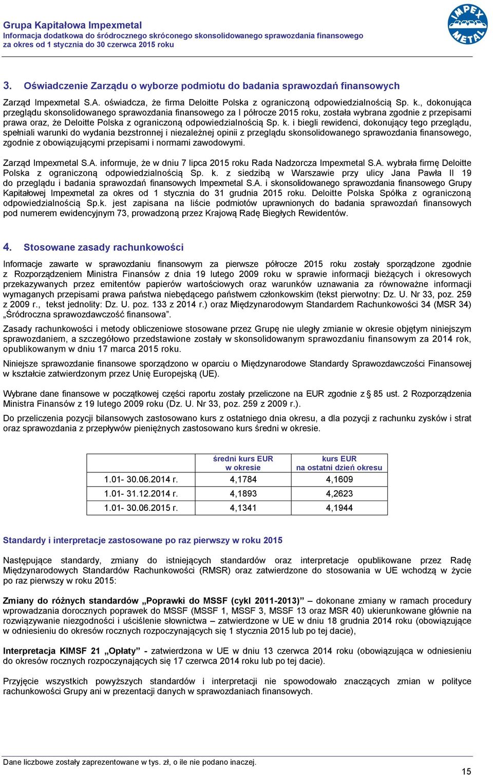 , dokonująca przeglądu skonsolidowanego sprawozdania finansowego za I półrocze 2015 roku, została wybrana zgodnie z przepisami prawa oraz, że Deloitte Polska z ograniczoną odpowiedzialnością Sp. k.