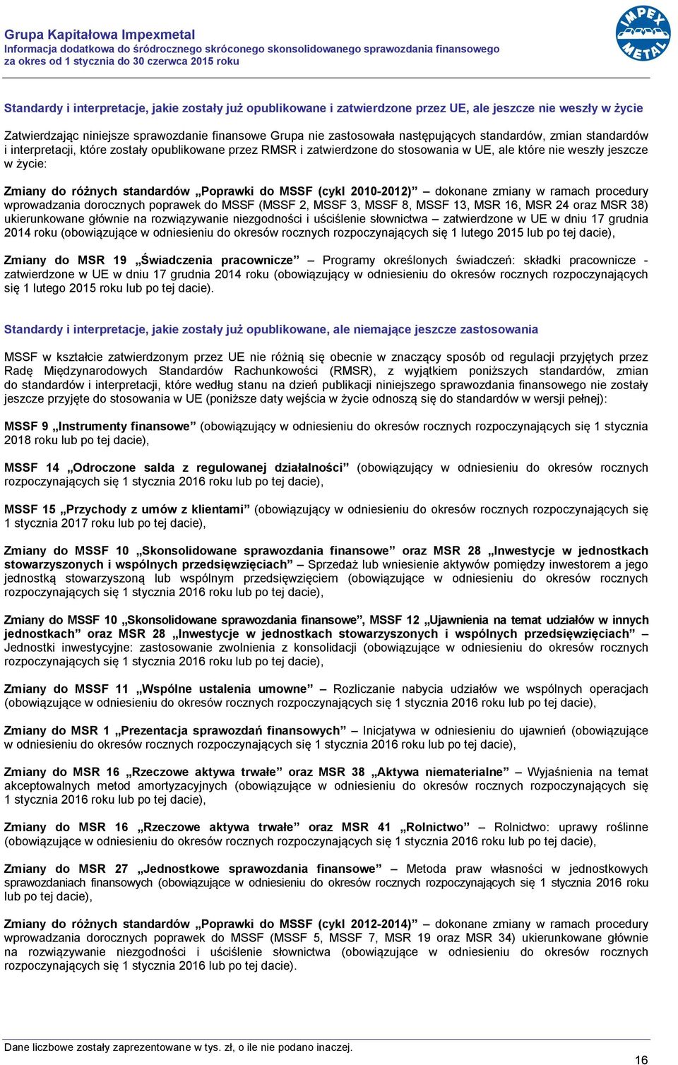 stosowania w UE, ale które nie weszły jeszcze w życie: Zmiany do różnych standardów Poprawki do MSSF (cykl 2010-2012) dokonane zmiany w ramach procedury wprowadzania dorocznych poprawek do MSSF (MSSF