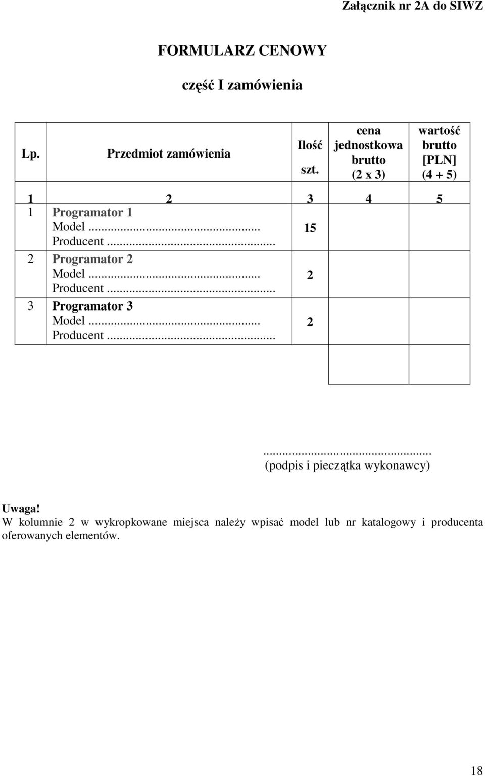 .. 2 Programator 2 Model... 2 Producent... 3 Programator 3 Model... 2 Producent...... (podpis i pieczątka wykonawcy) Uwaga!