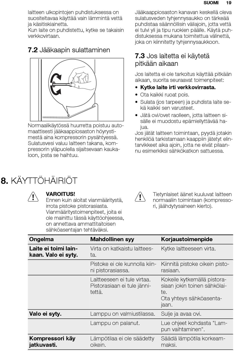 Sulatusvesi valuu laitteen takana, kompressorin yläpuolella sijaitsevaan kaukaloon, josta se haihtuu.