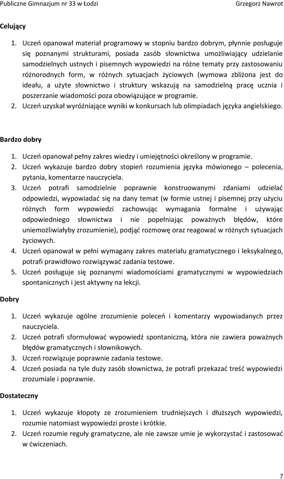 na różne tematy przy zastosowaniu różnorodnych form, w różnych sytuacjach życiowych (wymowa zbliżona jest do ideału, a użyte słownictwo i struktury wskazują na samodzielną pracę ucznia i poszerzanie