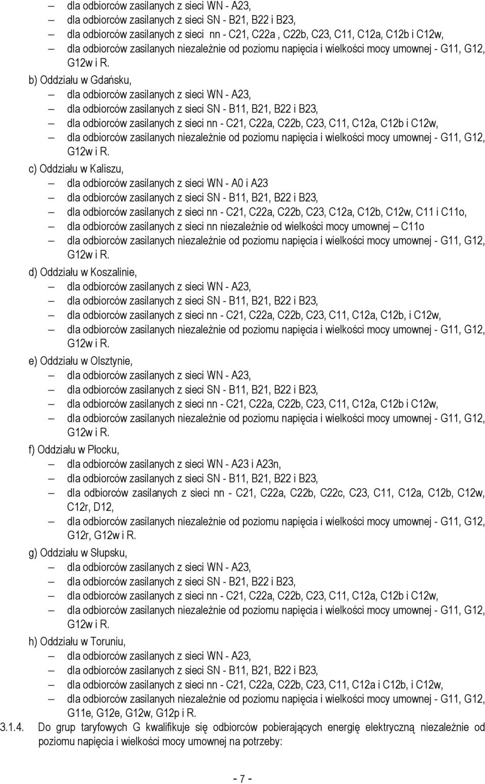 b) Oddziału w Gdańsku, dla odbiorców zasilanych z sieci WN - A23, dla odbiorców zasilanych z sieci SN - B11, B21, B22 i B23, dla odbiorców zasilanych z sieci nn - C21, C22a, C22b, C23, C11, C12a,