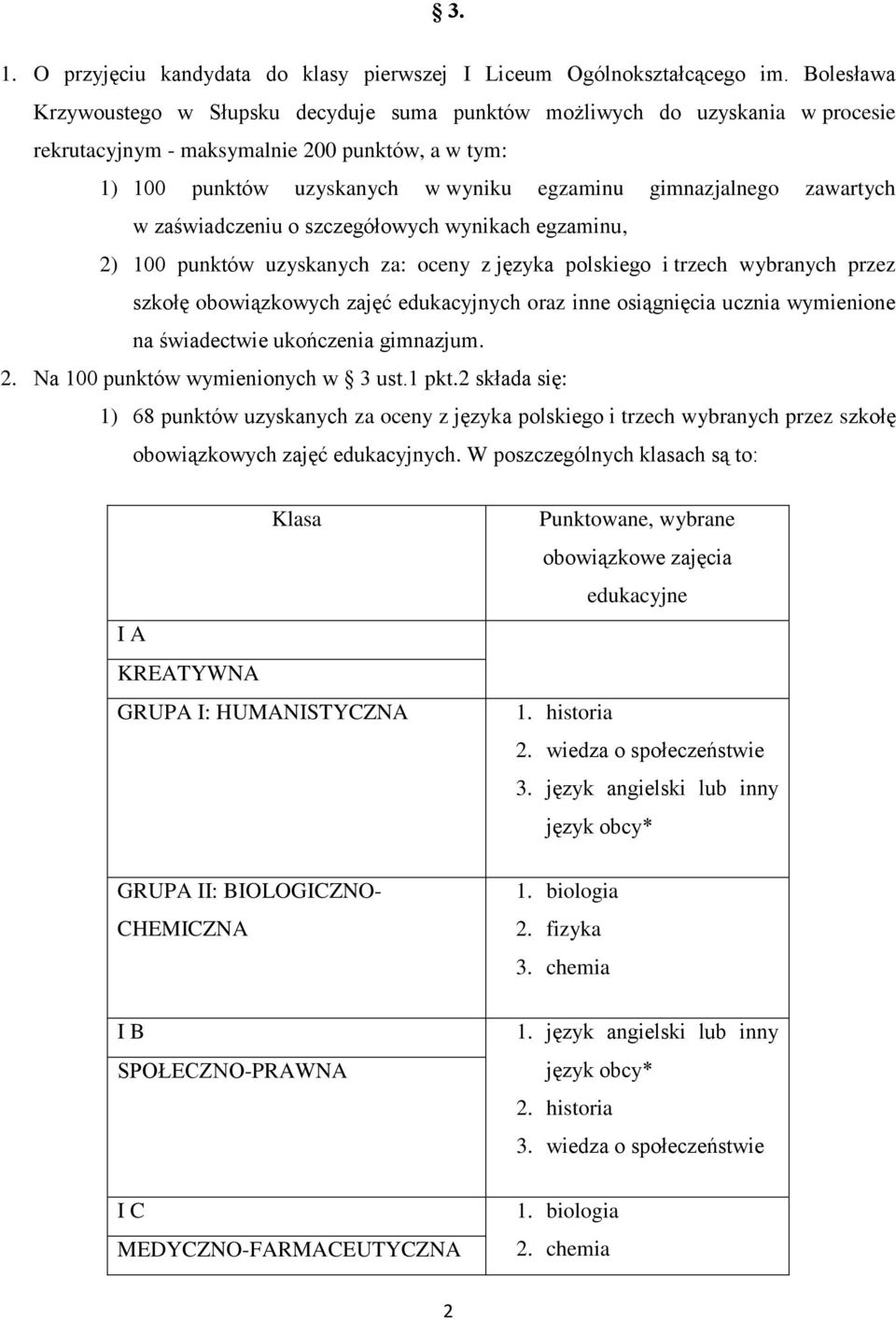 zawartych w zaświadczeniu o szczegółowych wynikach egzaminu, 2) 100 punktów uzyskanych za: oceny z języka polskiego i trzech wybranych przez szkołę obowiązkowych zajęć edukacyjnych oraz inne