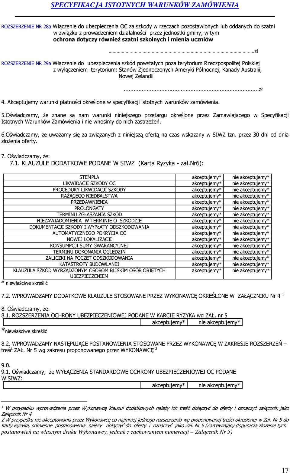 zł ROZSZERZENIE NR 29a Włączenie do ubezpieczenia szkód powstałych poza terytorium Rzeczpospolitej Polskiej z wyłączeniem terytorium: Stanów Zjednoczonych Ameryki Północnej, Kanady Australii, Nowej