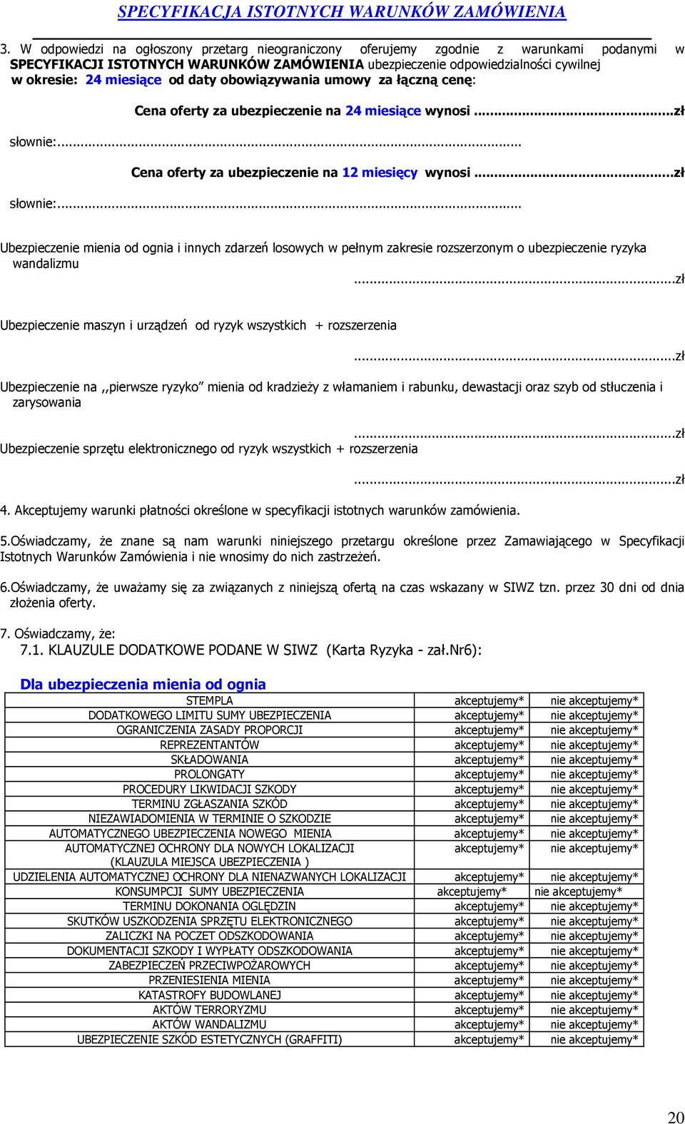 .. Cena oferty za ubezpieczenie na 12 miesięcy wynosi...zł słownie:... Ubezpieczenie mienia od ognia i innych zdarzeń losowych w pełnym zakresie rozszerzonym o ubezpieczenie ryzyka wandalizmu.