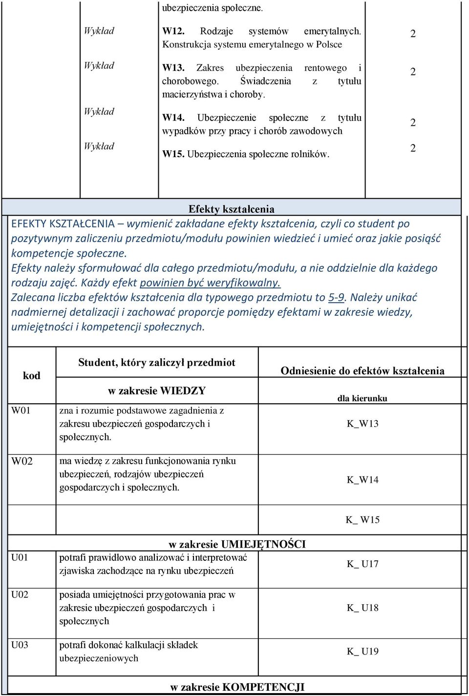 Efekty kształcenia EFEKTY KSZTAŁCENIA wymienić zakładane efekty kształcenia, czyli co student po pozytywnym zaliczeniu przedmiotu/modułu powinien wiedzieć i umieć oraz jakie posiąść kompetencje