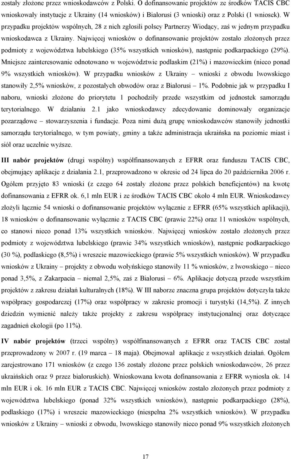 Najwięcej wniosków o dofinansowanie projektów zostało złożonych przez podmioty z województwa lubelskiego (35% wszystkich wniosków), następnie podkarpackiego (29%).