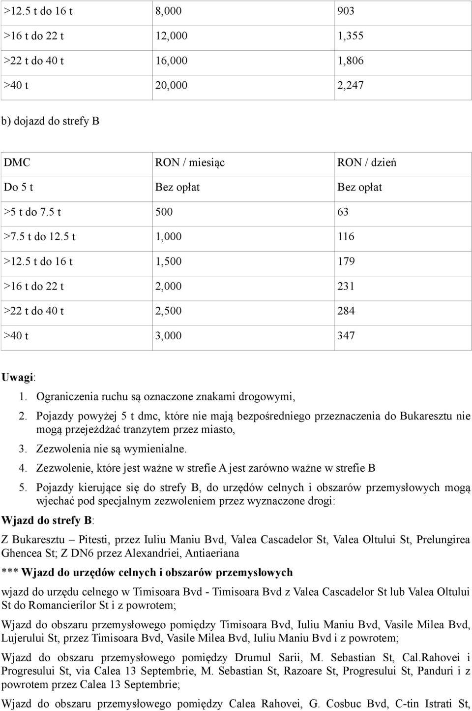 Pojazdy powyżej 5 t dmc, które nie mają bezpośredniego przeznaczenia do Bukaresztu nie mogą przejeżdżać tranzytem przez miasto, 3. Zezwolenia nie są wymienialne. 4.