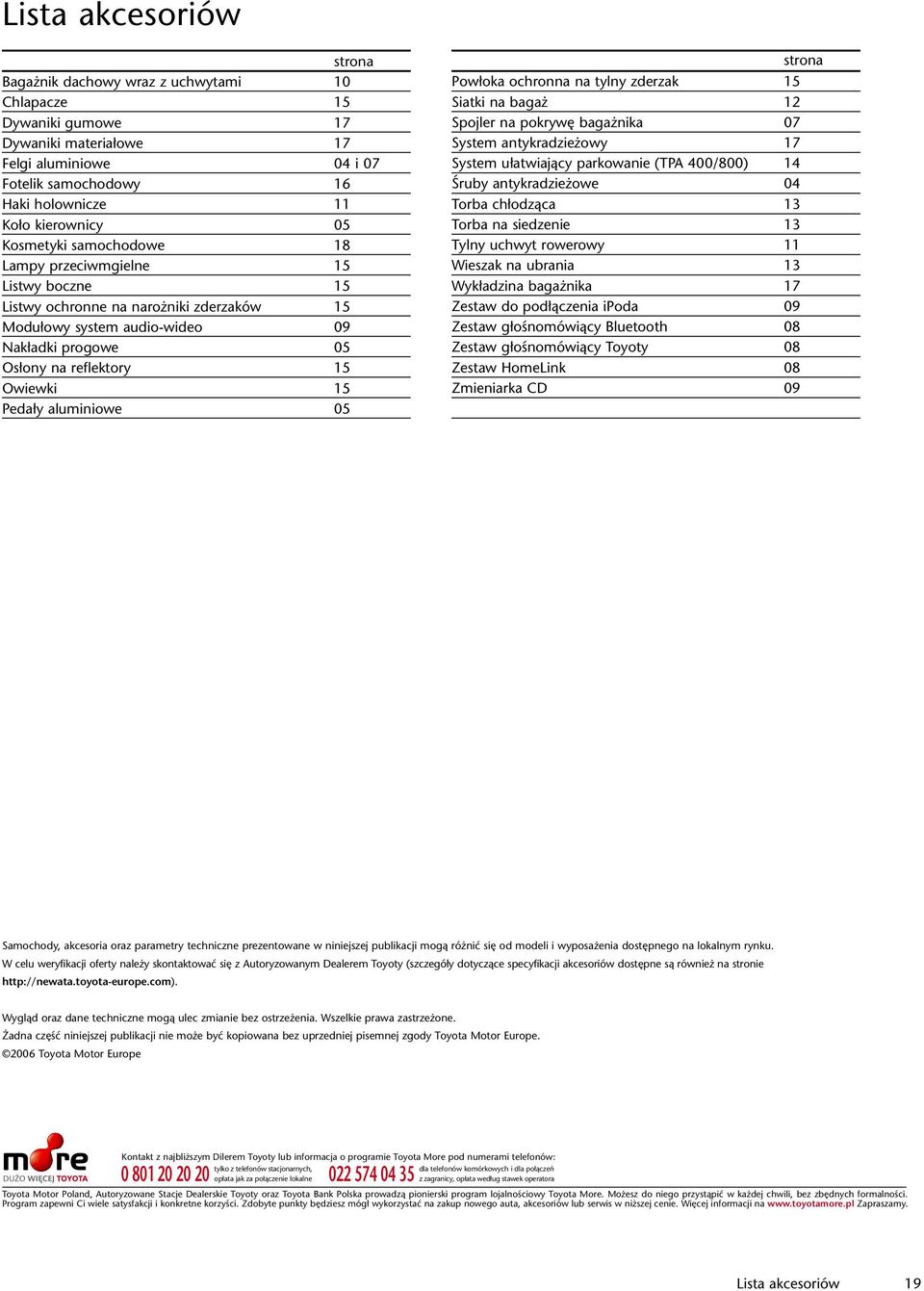 Pedały aluminiowe 05 strona Powłoka ochronna na tylny zderzak 15 Siatki na bagaż 12 Spojler na pokrywę bagażnika 07 System antykradzieżowy 17 System ułatwiający parkowanie (TPA 400/800) 14 Śruby