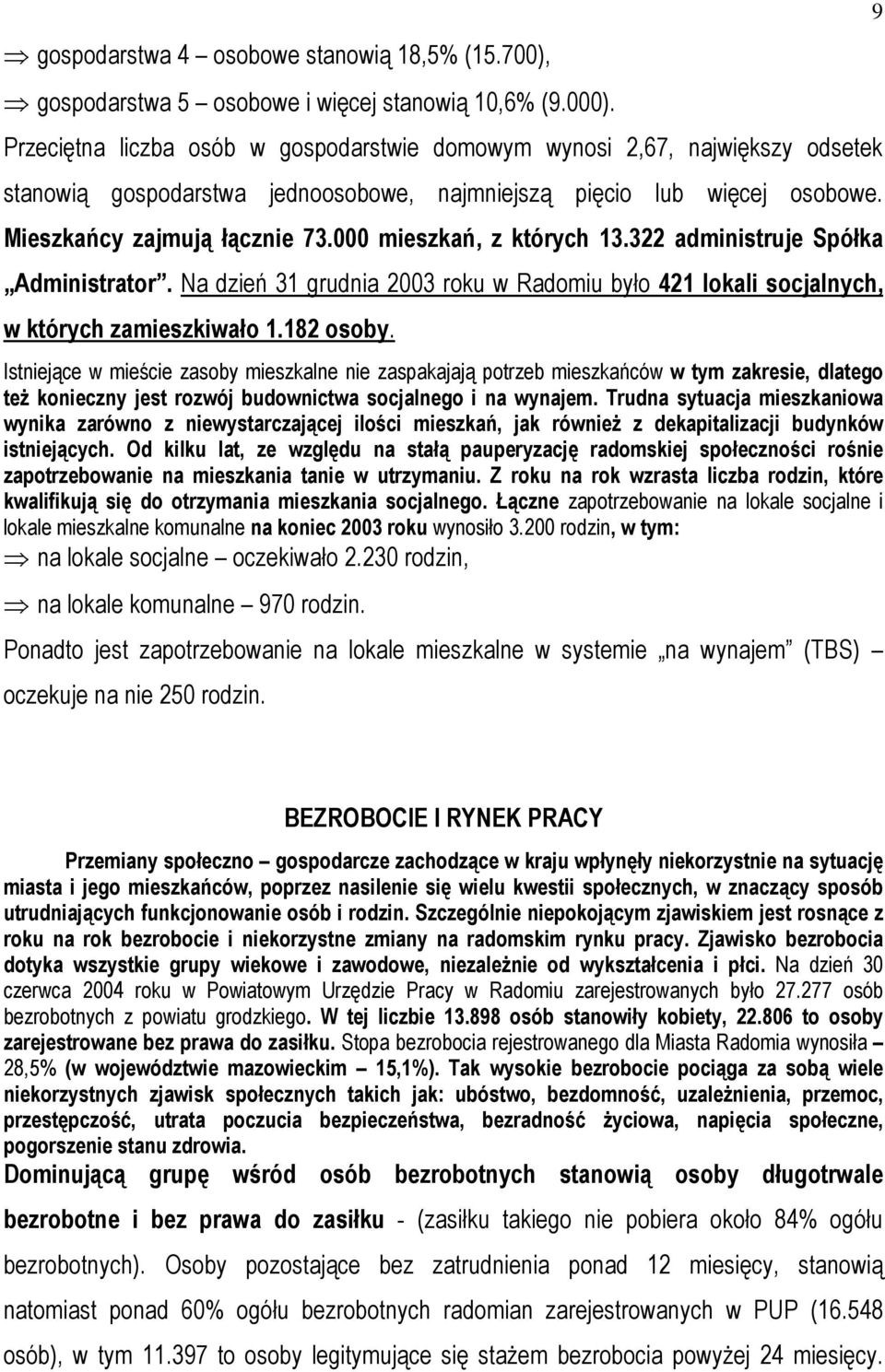 000 mieszkań, z których 13.322 administruje Spółka Administrator. Na dzień 31 grudnia 2003 roku w Radomiu było 421 lokali socjalnych, w których zamieszkiwało 1.182 osoby.