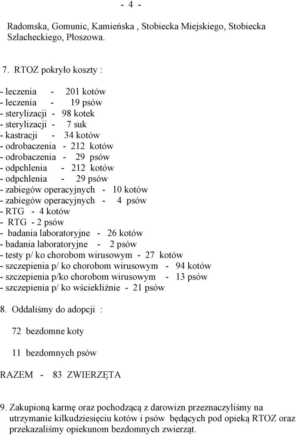 odpchlenia - 212 kotów - odpchlenia - 29 psów - zabiegów operacyjnych - 10 kotów - zabiegów operacyjnych - 4 psów - RTG - 4 kotów - RTG - 2 psów - badania laboratoryjne - 26 kotów - badania