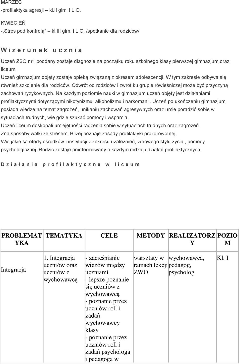 /spotkanie dla rodziców/ W i z e r u n e k u c z n i a Uczeń ZSO nr1 poddany zostaje diagnozie na początku roku szkolnego klasy pierwszej gimnazjum oraz liceum.