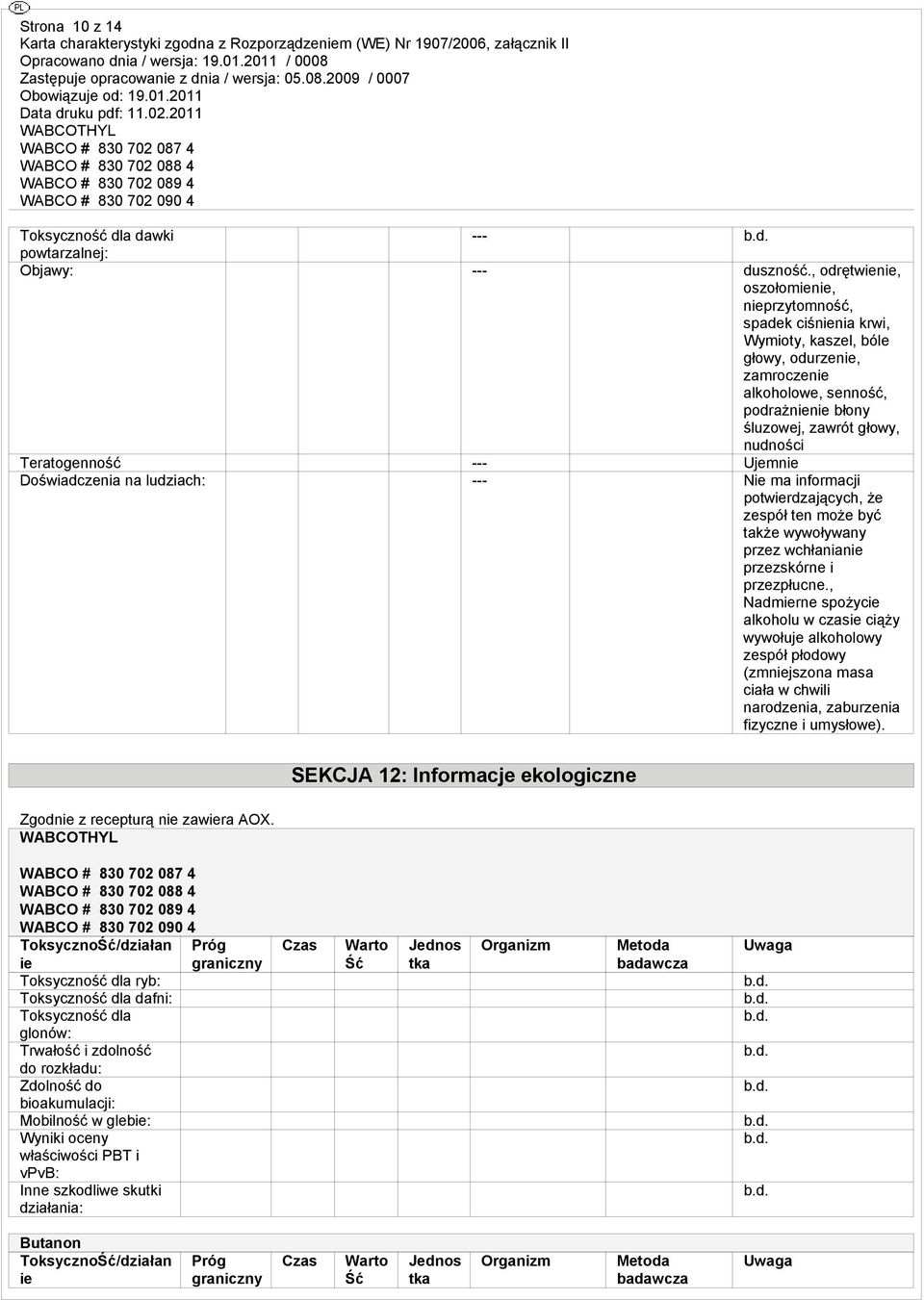 Teratogenność --- Ujemnie Doświadczenia na ludziach: --- Nie ma informacji potwierdzających, że zespół ten może być także wywoływany przez wchłanianie przezskórne i przezpłucne.