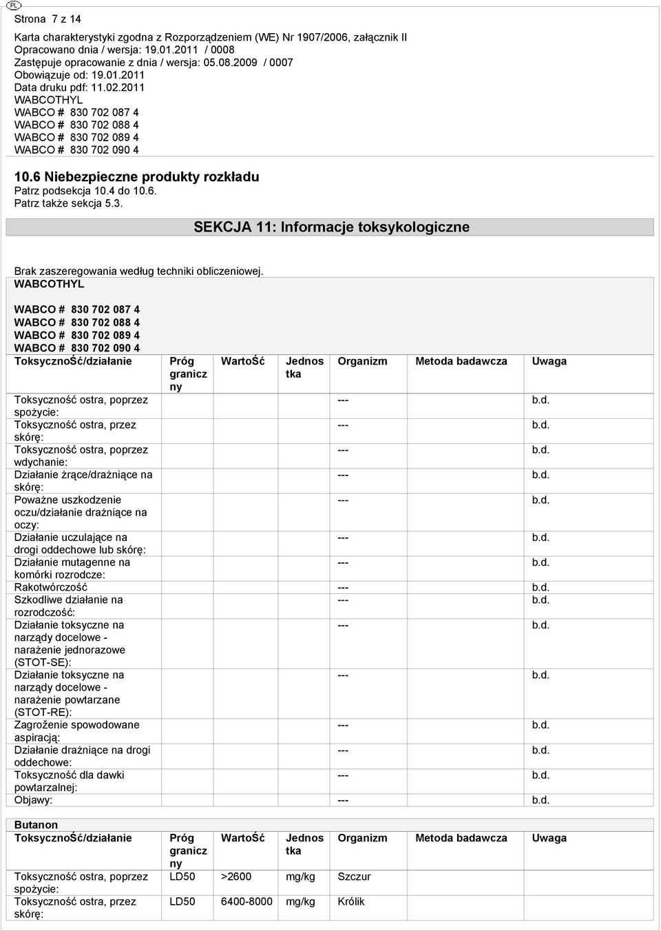 drażniące na oczy: Działanie uczulające na drogi oddechowe lub Działanie mutagenne na komórki rozrodcze: Rakotwórczość Szkodliwe działanie na rozrodczość: narażenie jednorazowe (STOT-SE): narażenie