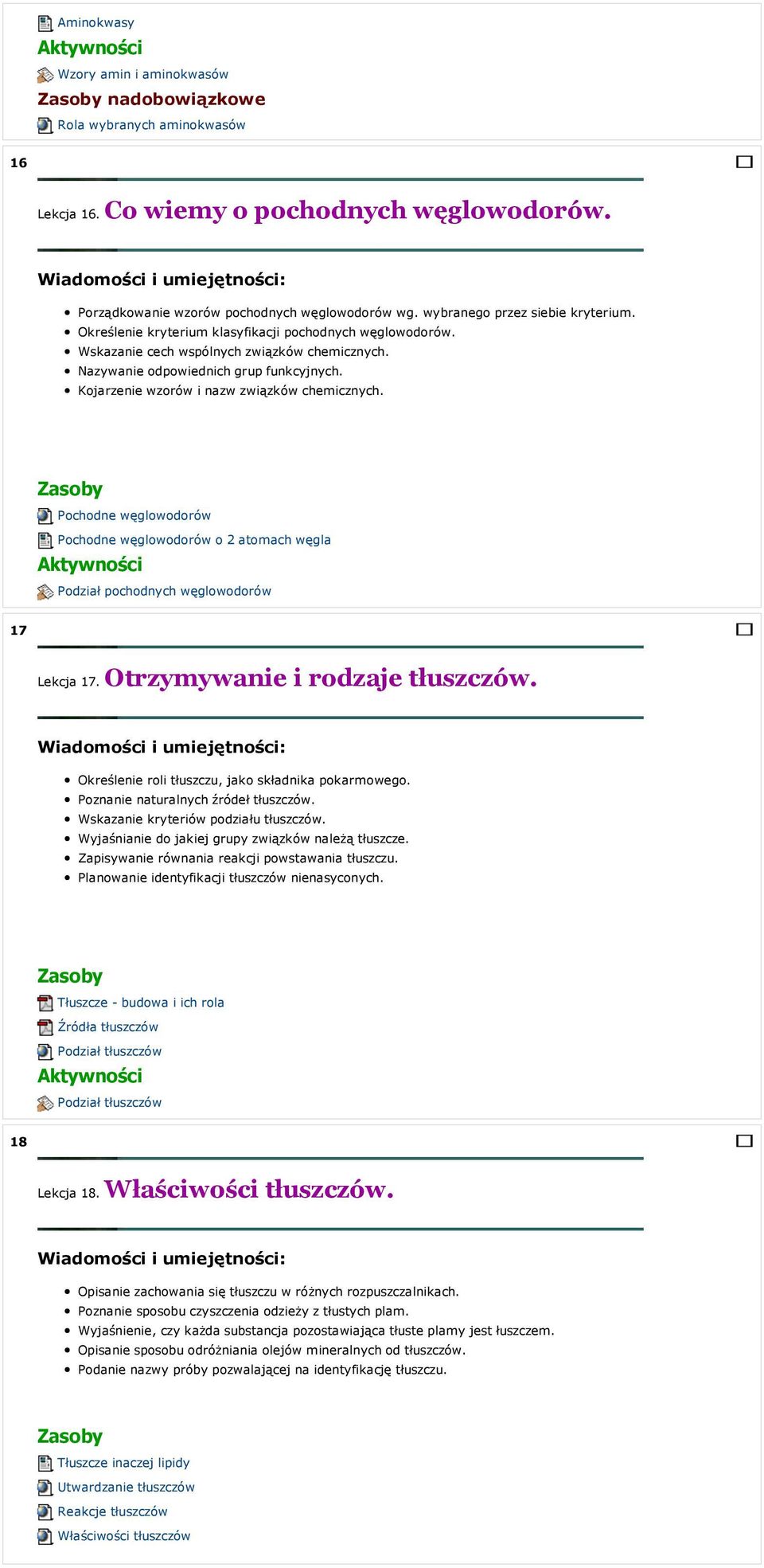 Kojarzenie wzorów i nazw związków chemicznych. Pochodne węglowodorów Pochodne węglowodorów o 2 atomach węgla Podział pochodnych węglowodorów 17 Lekcja 17. Otrzymywanie i rodzaje tłuszczów.