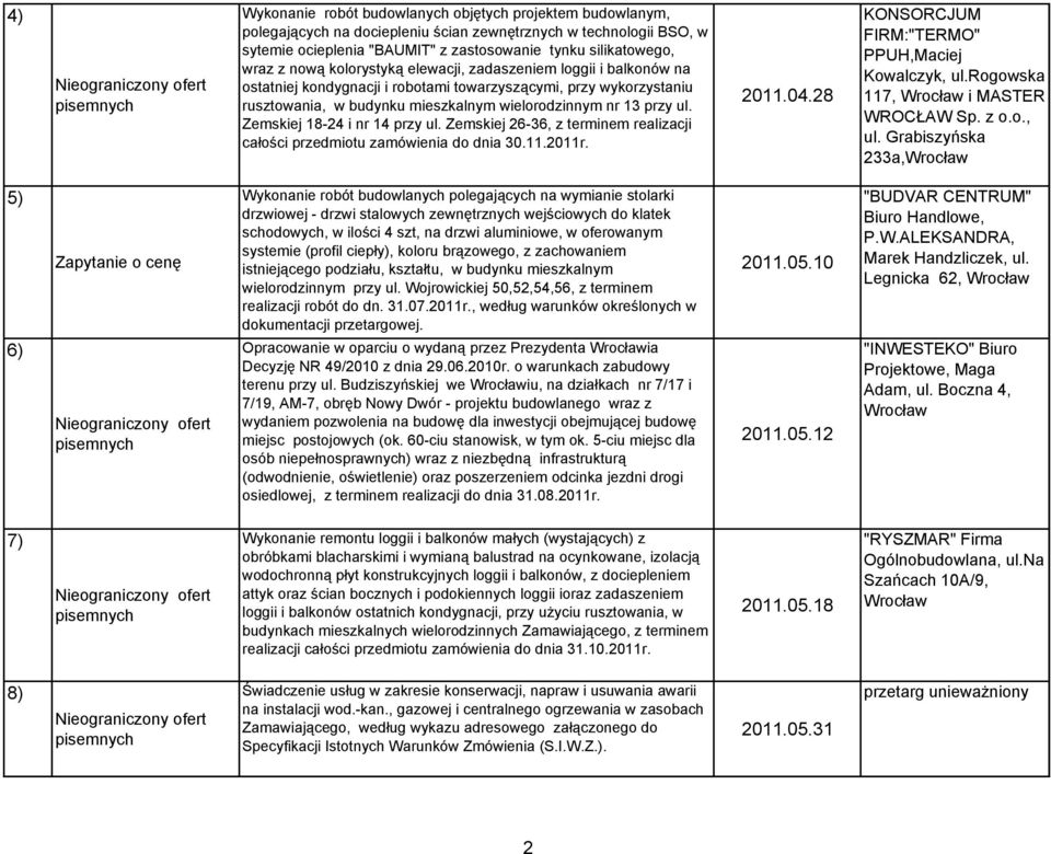 Zemskiej 26-36, z terminem realizacji całości przedmiotu zamówienia do dnia 30.11.2011r. 2011.04.28 KONSORCJUM FIRM:"TERMO" PPUH,Maciej Kowalczyk, ul.