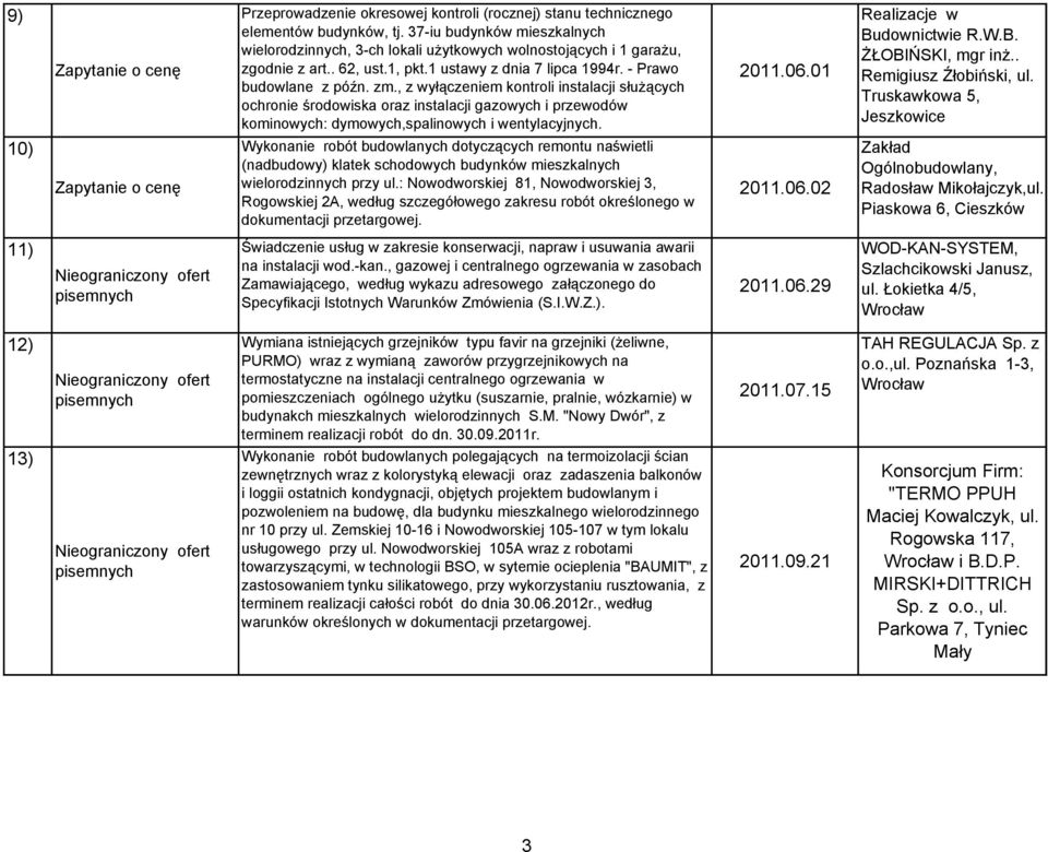 , z wyłączeniem kontroli instalacji służących ochronie środowiska oraz instalacji gazowych i przewodów kominowych: dymowych,spalinowych i wentylacyjnych. 2011.06.01 Realizacje w Budownictwie R.W.B. ŻŁOBIŃSKI, mgr inż.