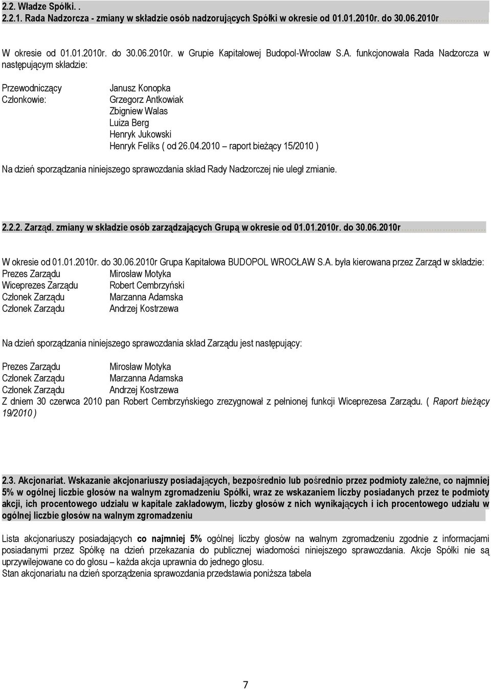 2010 raport bieżący 15/2010 ) Na dzień sporządzania niniejszego sprawozdania skład Rady Nadzorczej nie uległ zmianie. 2.2.2. Zarząd. zmiany w składzie osób zarządzających Grupą w okresie od 01.01.2010r.