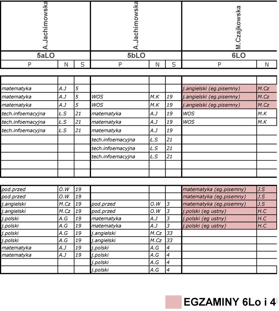 przed O.W 19 matematyka (eg.pisemny) J.S pod.przed O.W 19 matematyka (eg.pisemny) J.S j.angielski M.Cz 19 pod.przed O.W 3 matematyka (eg.pisemny) J.S j.angielski M.Cz 19 pod.przed O.W 3 j.