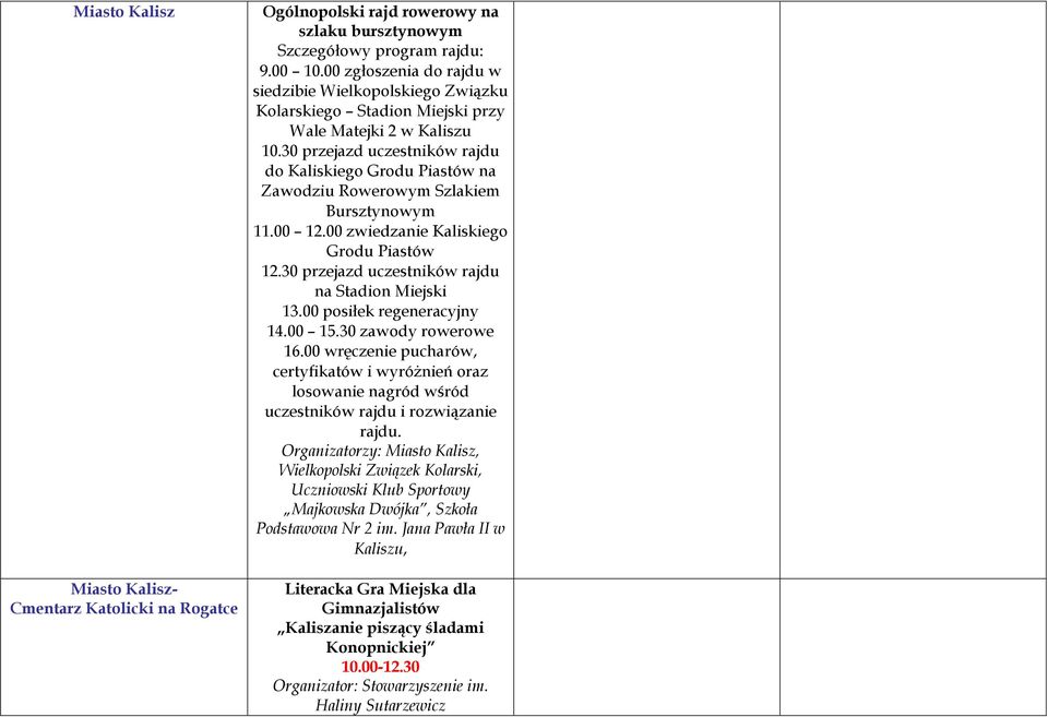 30 przejazd uczestników rajdu do Kaliskiego Grodu Piastów na Zawodziu Rowerowym Szlakiem Bursztynowym 11.00 12.00 zwiedzanie Kaliskiego Grodu Piastów 12.