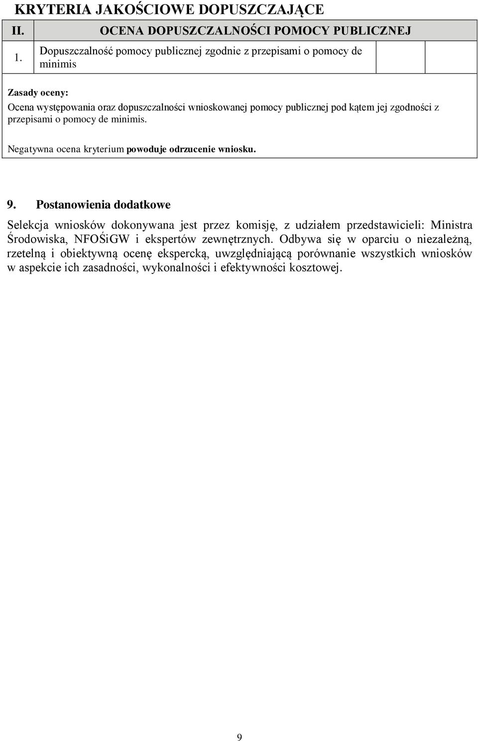 pomocy publicznej pod kątem jej zgodności z przepisami o pomocy de minimis. Negatywna ocena kryterium powoduje odrzucenie wniosku. 9.