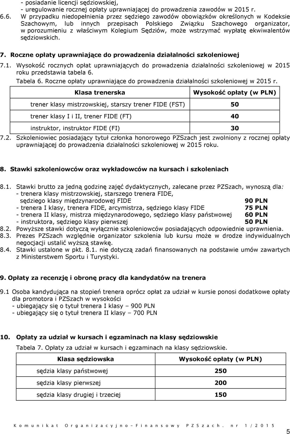 Sędziów, może wstrzymać wypłatę ekwiwalentów sędziowskich. 7. Roczne opłaty uprawniające do prowadzenia działalności szkoleniowej 7.1.