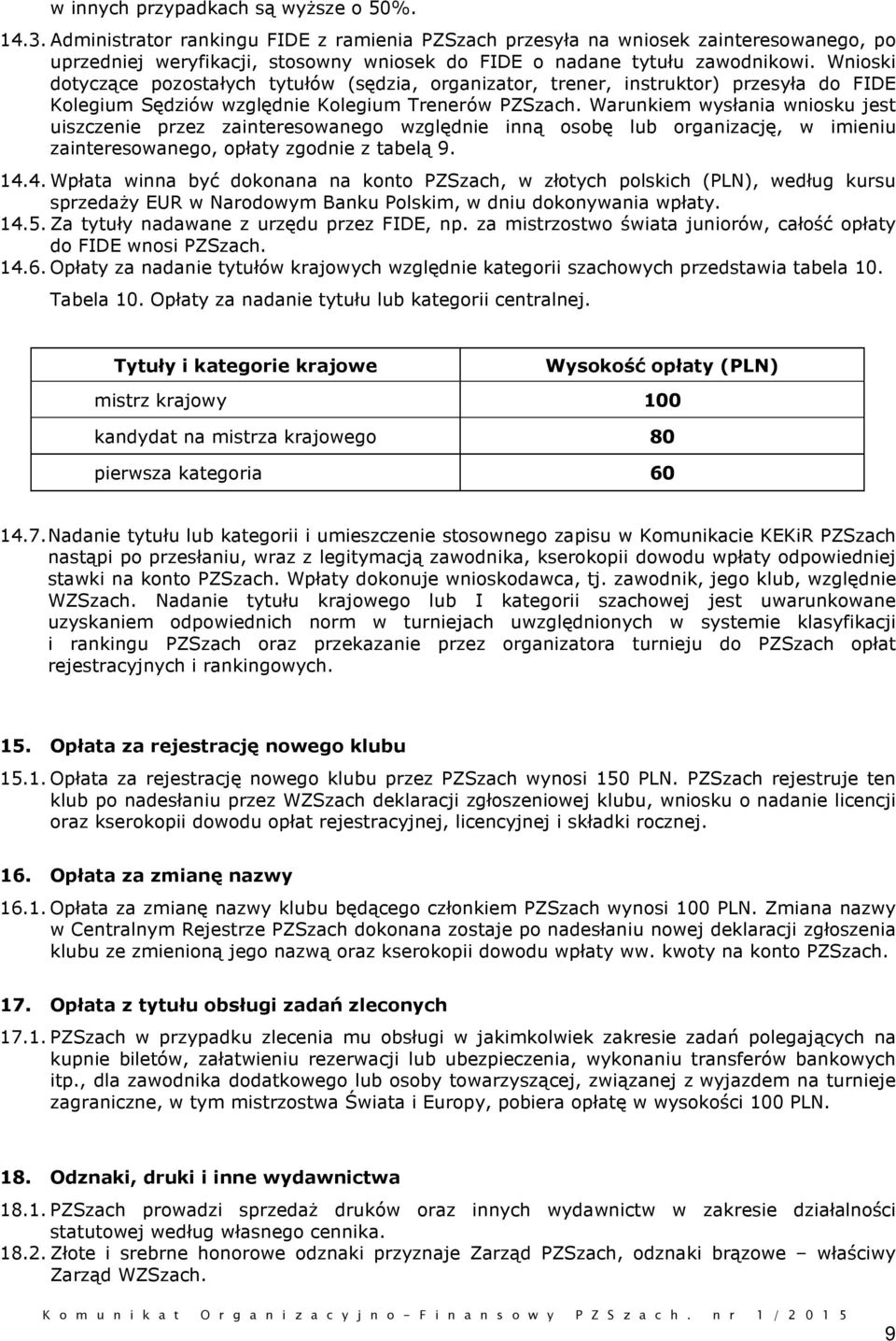 Wnioski dotyczące pozostałych tytułów (sędzia, organizator, trener, instruktor) przesyła do FIDE Kolegium Sędziów względnie Kolegium Trenerów PZSzach.