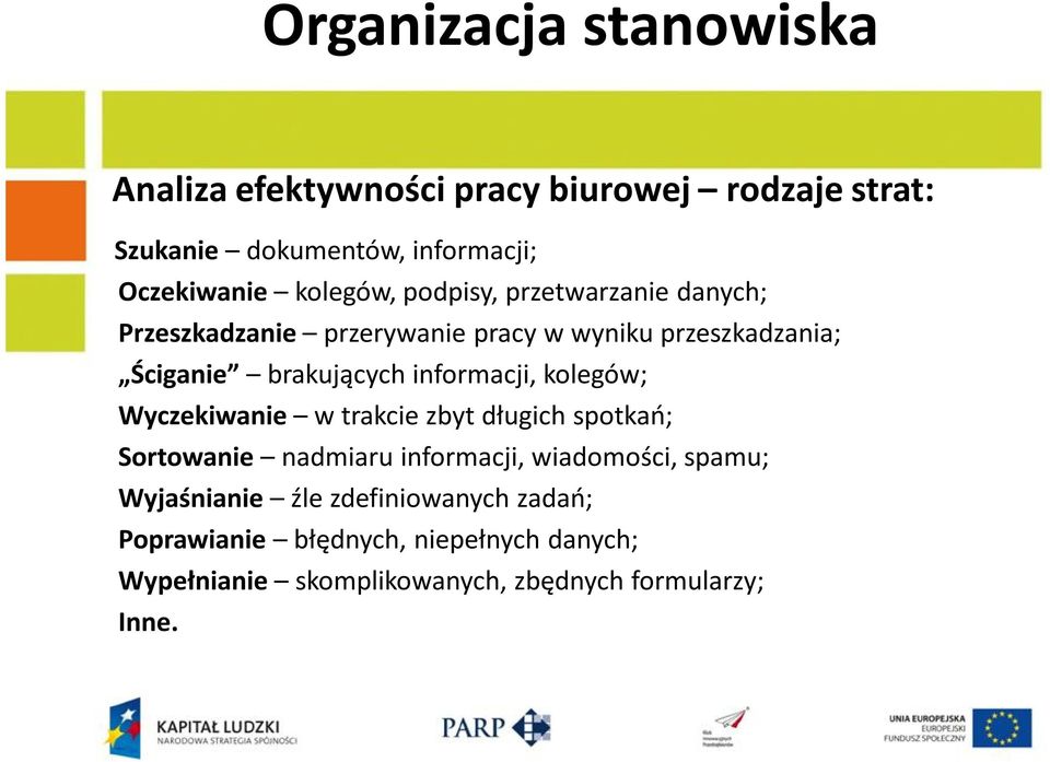 informacji, kolegów; Wyczekiwanie w trakcie zbyt długich spotkań; Sortowanie nadmiaru informacji, wiadomości, spamu;