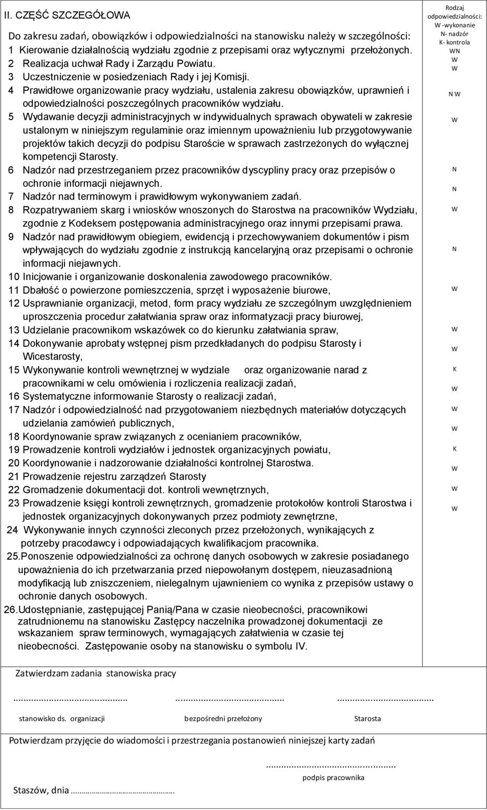 4 Prawidłowe organizowanie pracy wydziału, ustalenia zakresu obowiązków, uprawnień i odpowiedzialności poszczególnych pracowników wydziału.