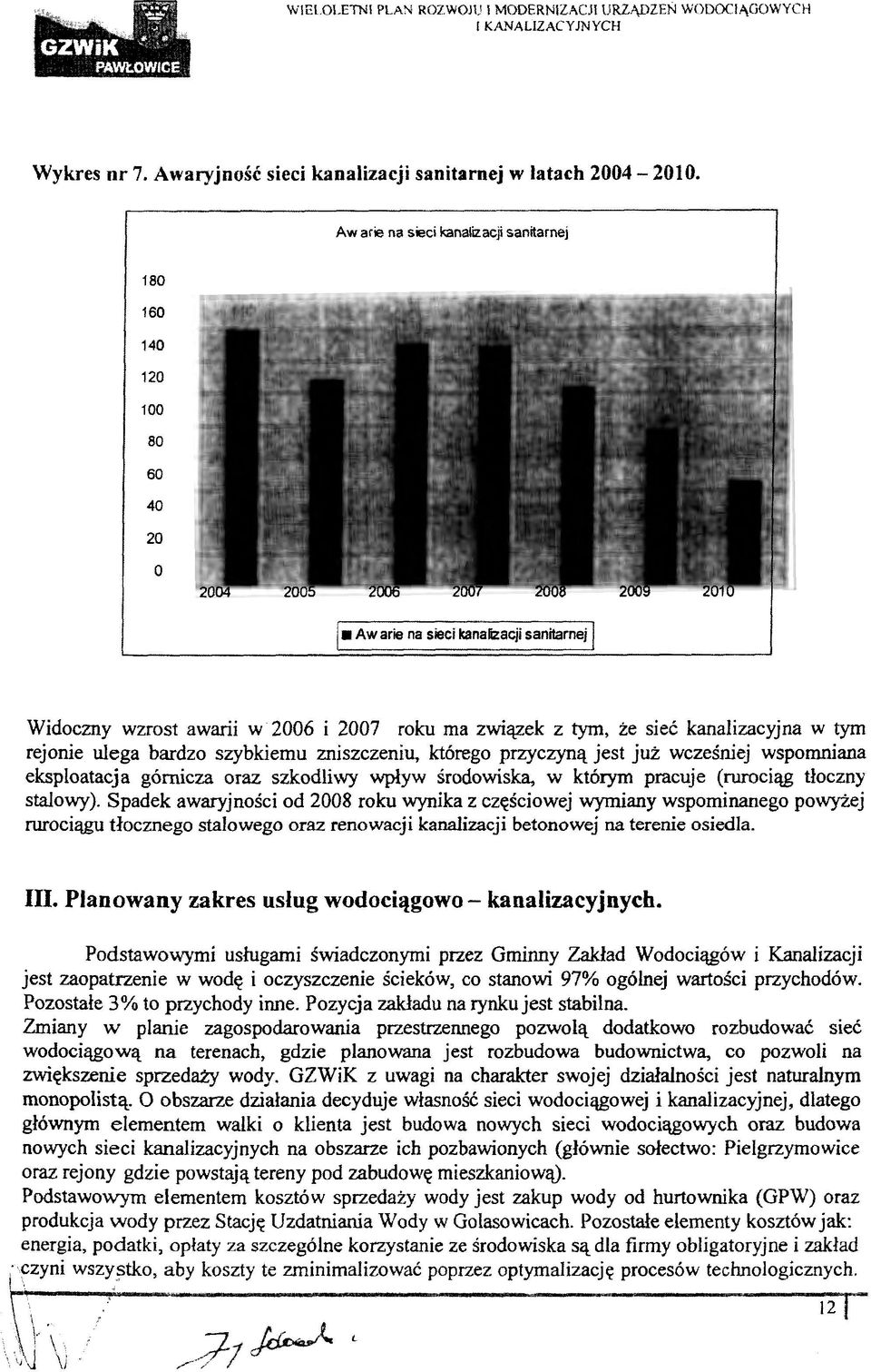 Widoczny wzrost awarii w 2006 i 2007 roku ma związek z tym, że sieć kanalizacyjna w tym rejonie ulega bardzo szybkiemu zniszczeniu, którego przyczyną jest już wcześniej wspomniana eksploatacja